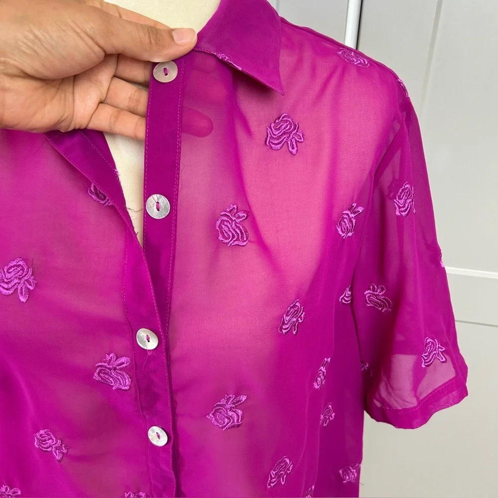 VTG Country Wear Casuals LG Pink Sheer Top Floral Embroidered Y2K Spring Roses